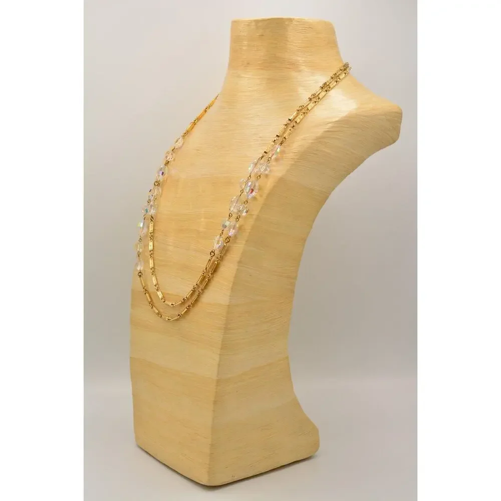 Vintage Crystal Necklace Gold Tone Chain Aurora Borealis Glass Long Sparkling 9J
